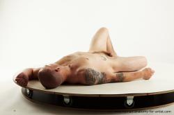 Nude Man White Laying poses - ALL Muscular Bald Laying poses - on back Realistic